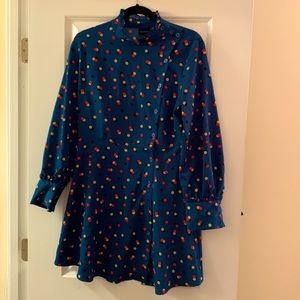 Who What Wear Mock Neck A-Line Teal/Blue Dot Print Long Sleeve